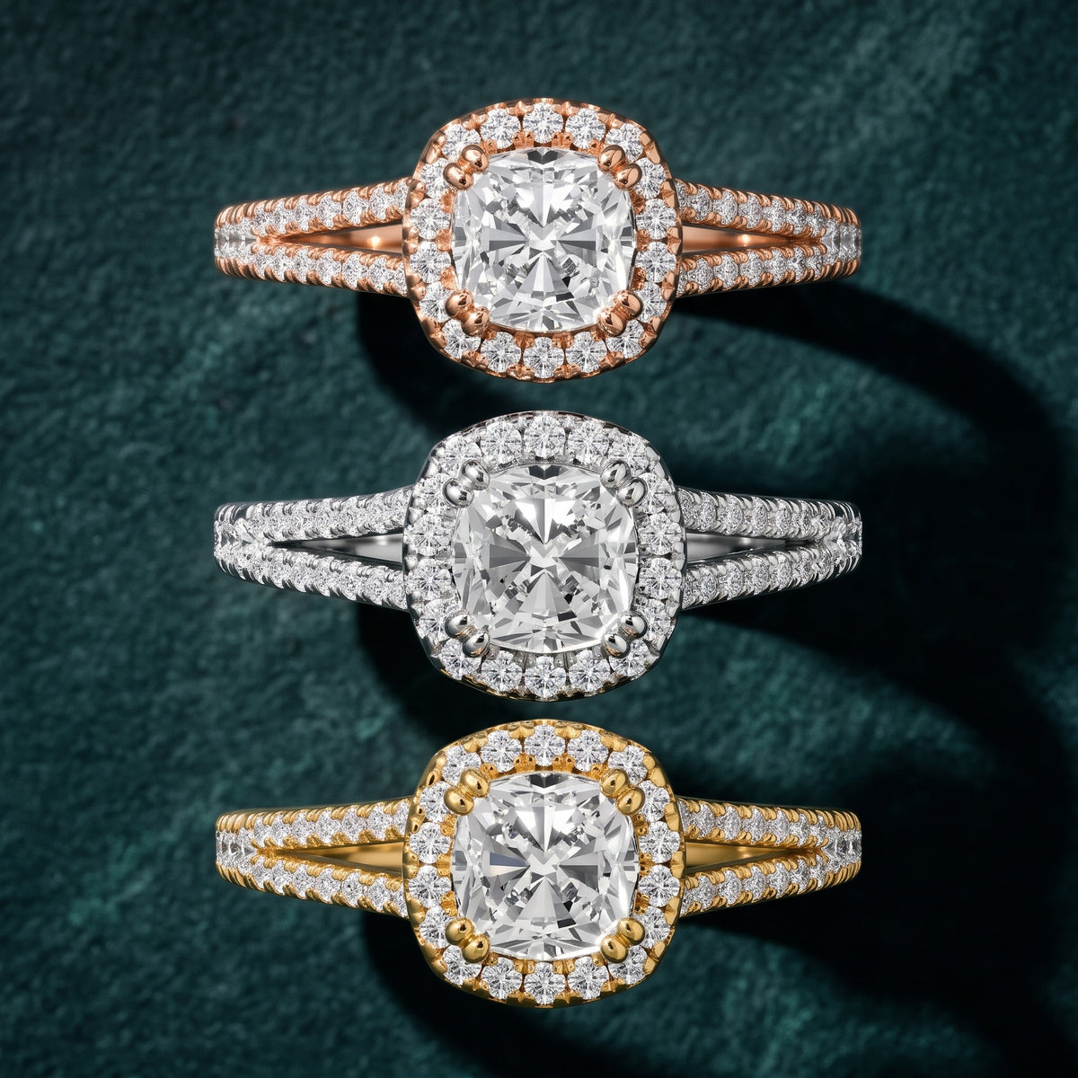 Dallas Halo Split Shank Cushion Diamond Engagement Ring in Platinum - 3rings.jpg