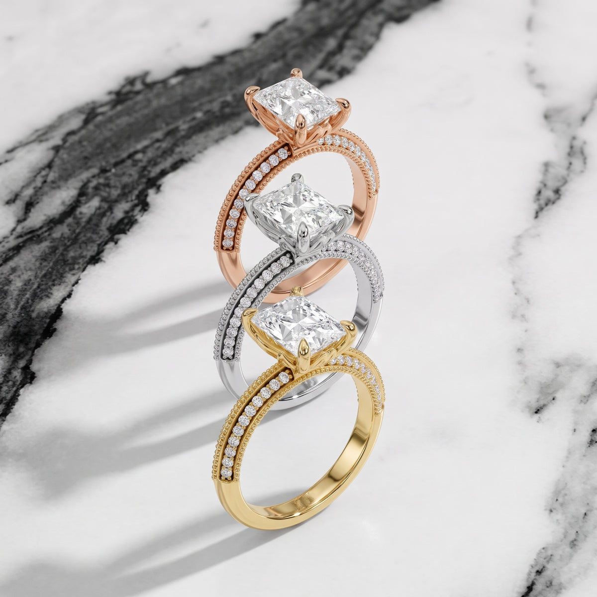 Chiara Vintage Milgrain Radiant Diamond Engagement Ring in Yellow Gold - 3rings.jpg