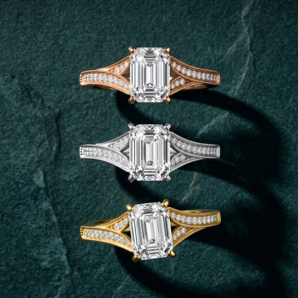 Nara Milgrain Split Shank Emerald Diamond Engagement Ring in Silver - 3rings.jpg