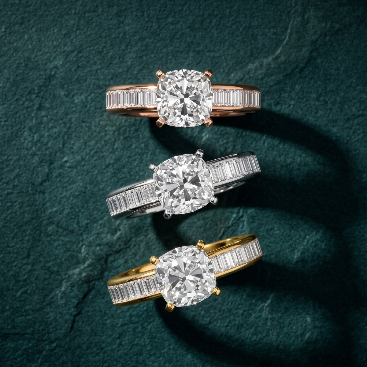 Medina Baguette Channel Set Cushion Diamond Engagement Ring in Yellow Gold - 3rings.jpg