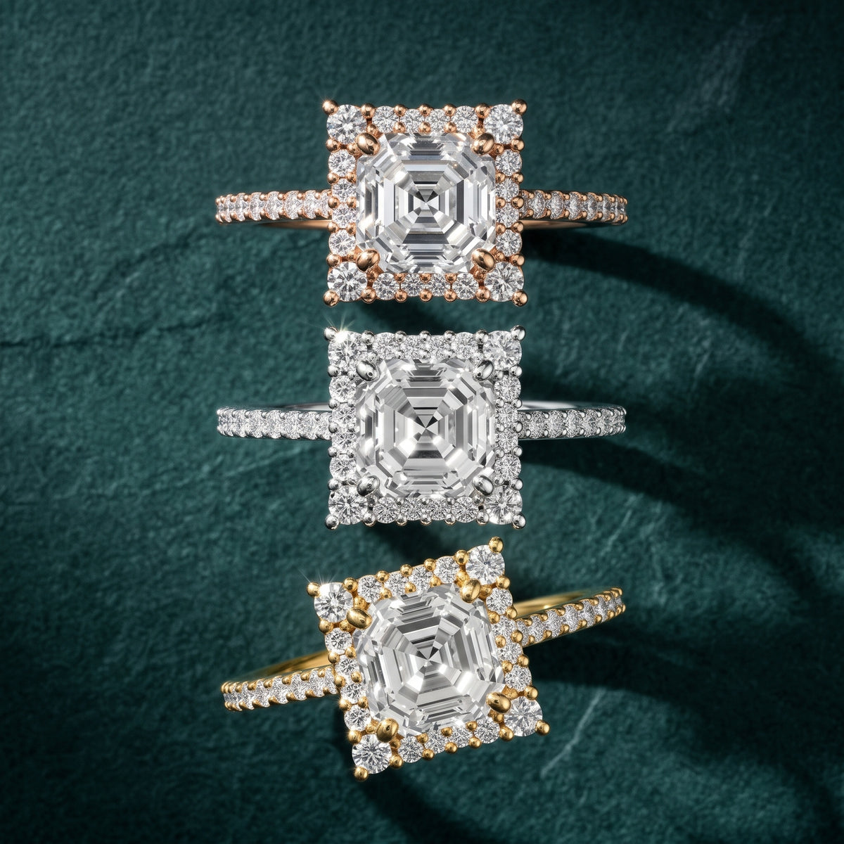 Ocala Halo Pavé Asscher Diamond Engagement Ring in Yellow Gold - 3rings.jpg
