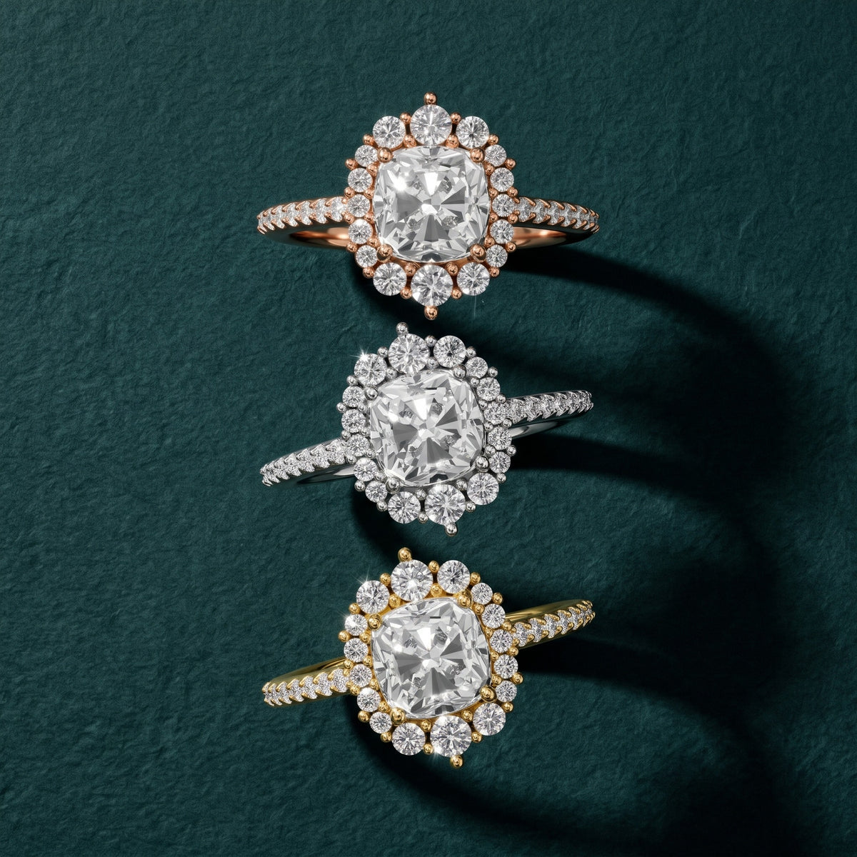 Rowena Graduated Halo Cushion Diamond Engagement Ring in Yellow Gold - 3rings.jpg
