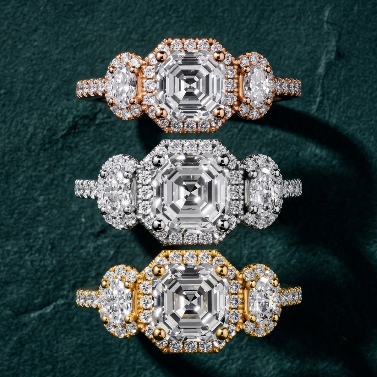Austin Three-Stone Halo Asscher Diamond Engagement Ring in Platinum - 3rings.jpg