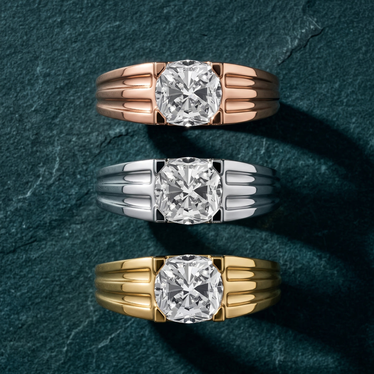 Elko Grooved Solitaire Cushion Diamond Engagement Ring in Rose Gold - 3rings.jpg