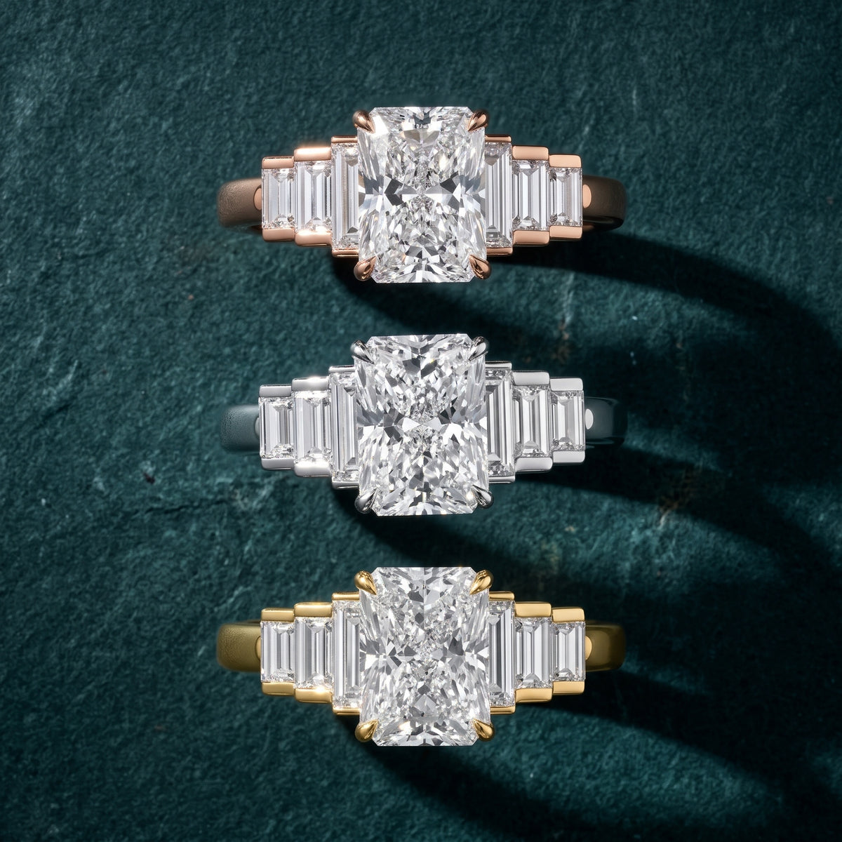 Riviera Graduated Baguette Radiant Diamond Engagement Ring in Rose Gold - 3rings.jpg