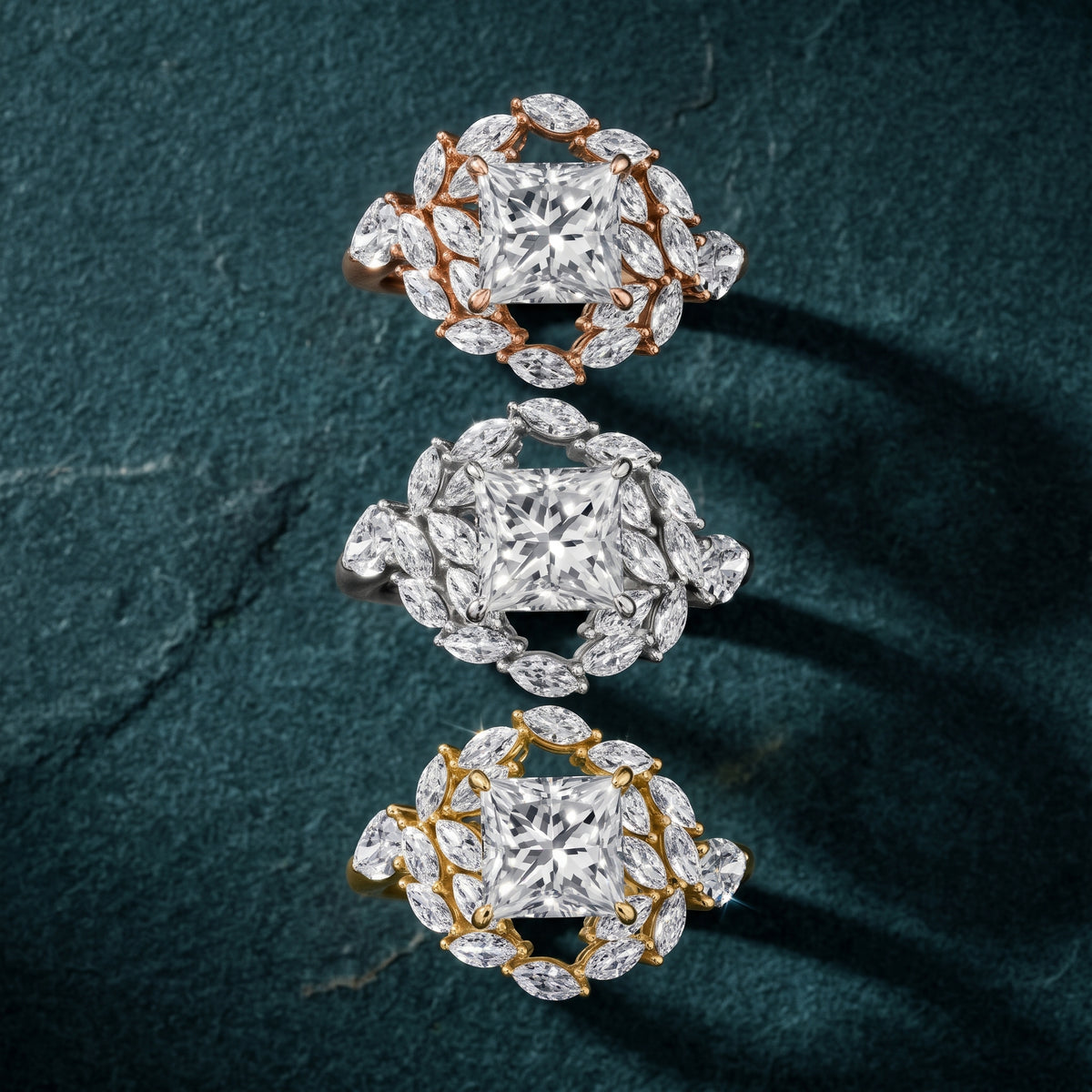 Liliana Leaf Cluster Princess Diamond Engagement Ring in Rose Gold - 3rings.jpg