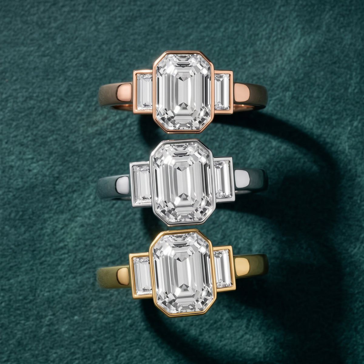 Paia Bezel Three-Stone Emerald Diamond Engagement Ring in Rose Gold - 3rings.jpg