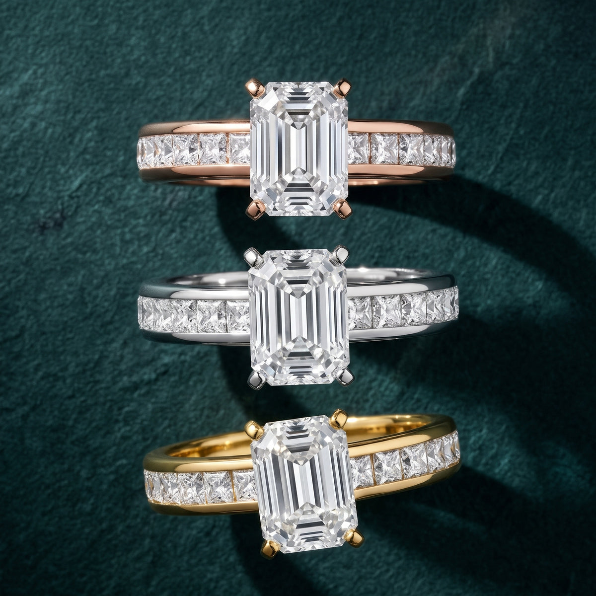 Frisco Channel Set Emerald Diamond Engagement Ring in Yellow Gold - 3rings.jpg