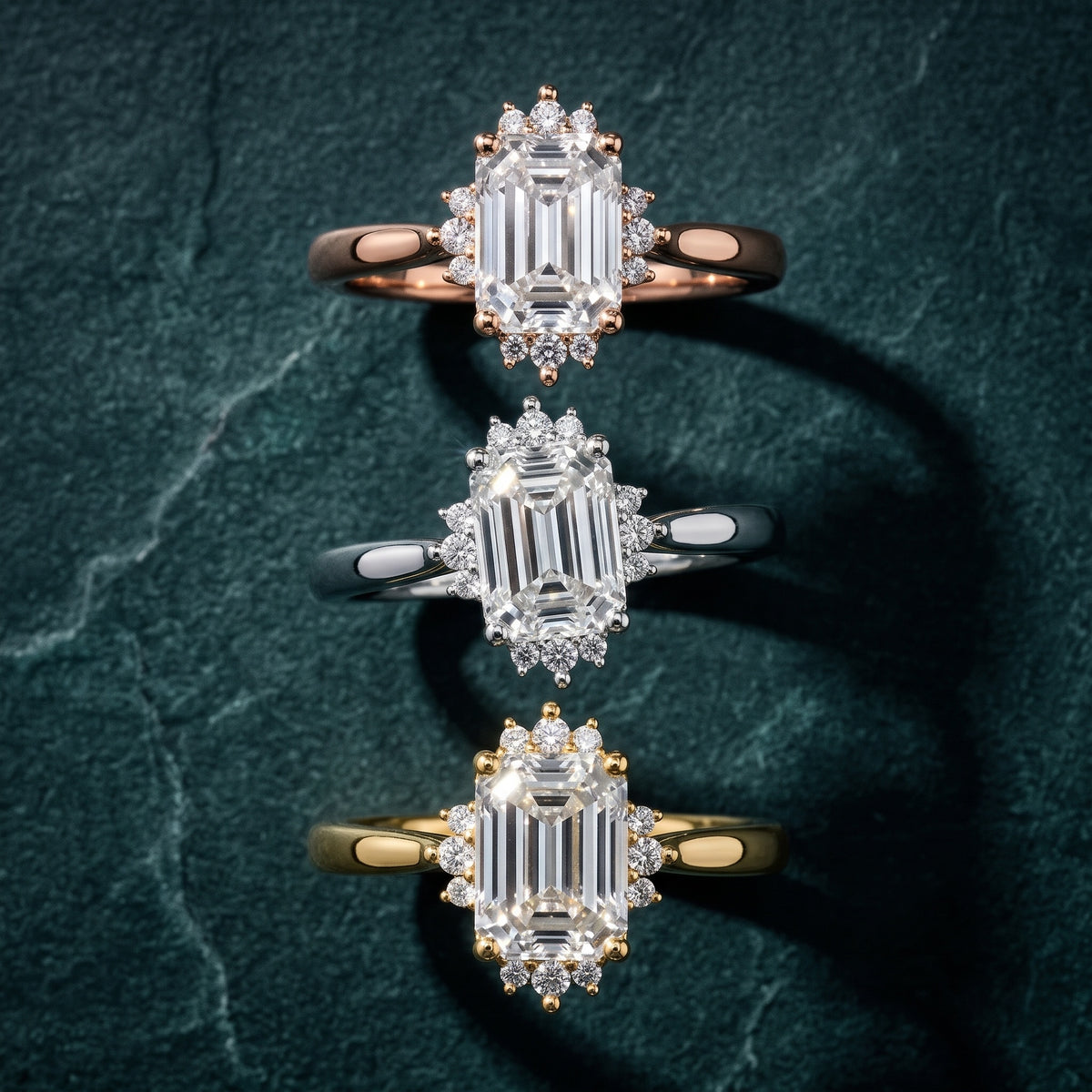 Linden Starburst Cluster Emerald Diamond Engagement Ring in Silver - 3rings.jpg