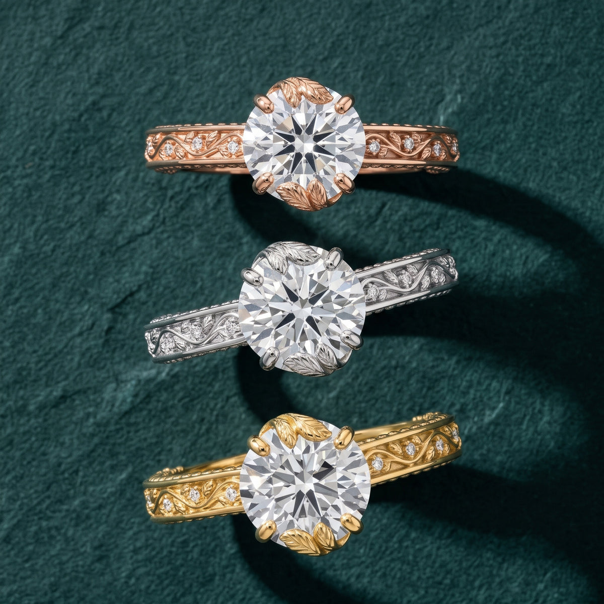 Laguna Vintage Vine Round Diamond Engagement Ring in Rose Gold - 3rings.jpg