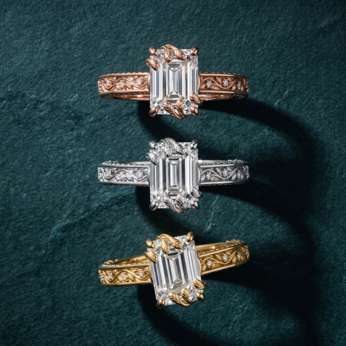 Laguna Vintage Vine Emerald Diamond Engagement Ring in White Gold - 3rings.jpg