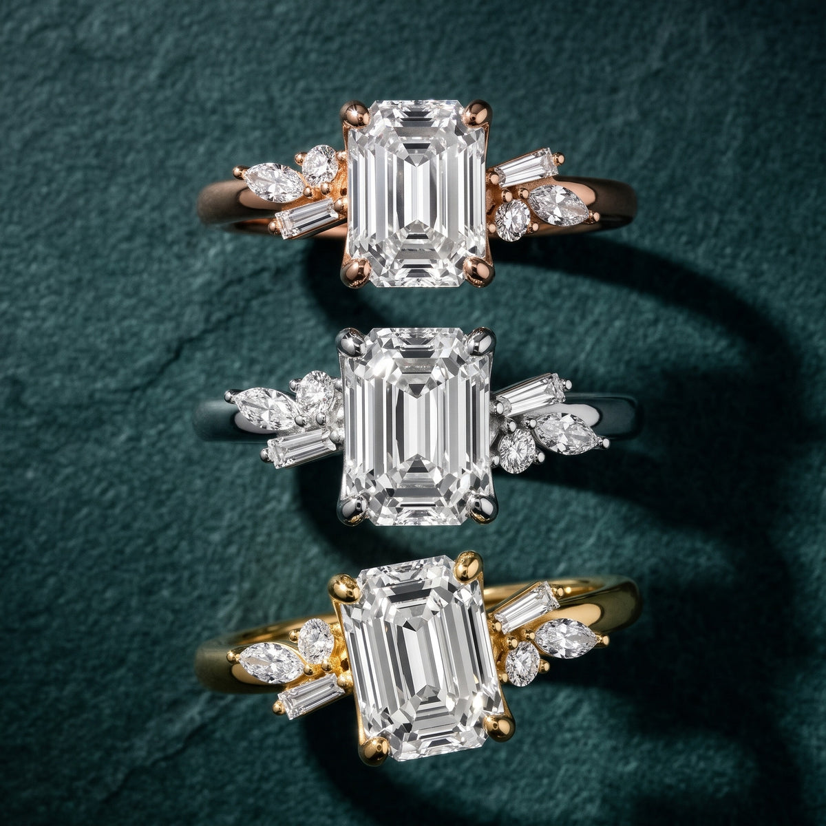 Morgan Baguette Cluster Emerald Diamond Engagement Ring in Silver - 3rings.jpg