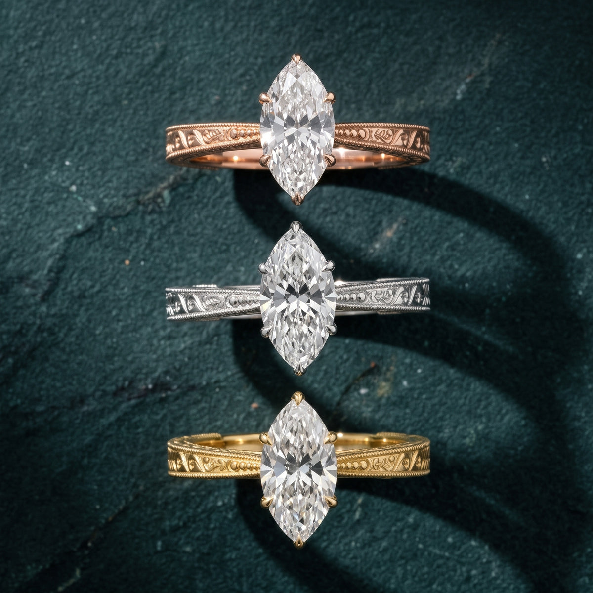 Kailua Vintage Engraved Marquise Diamond Engagement Ring in Yellow Gold - 3rings.jpg
