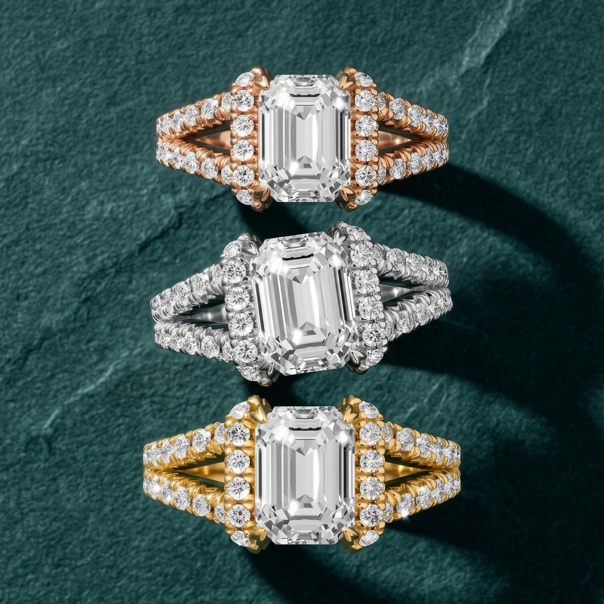 Delray Split Shank Pavé Emerald Diamond Engagement Ring in Silver - 3rings.jpg