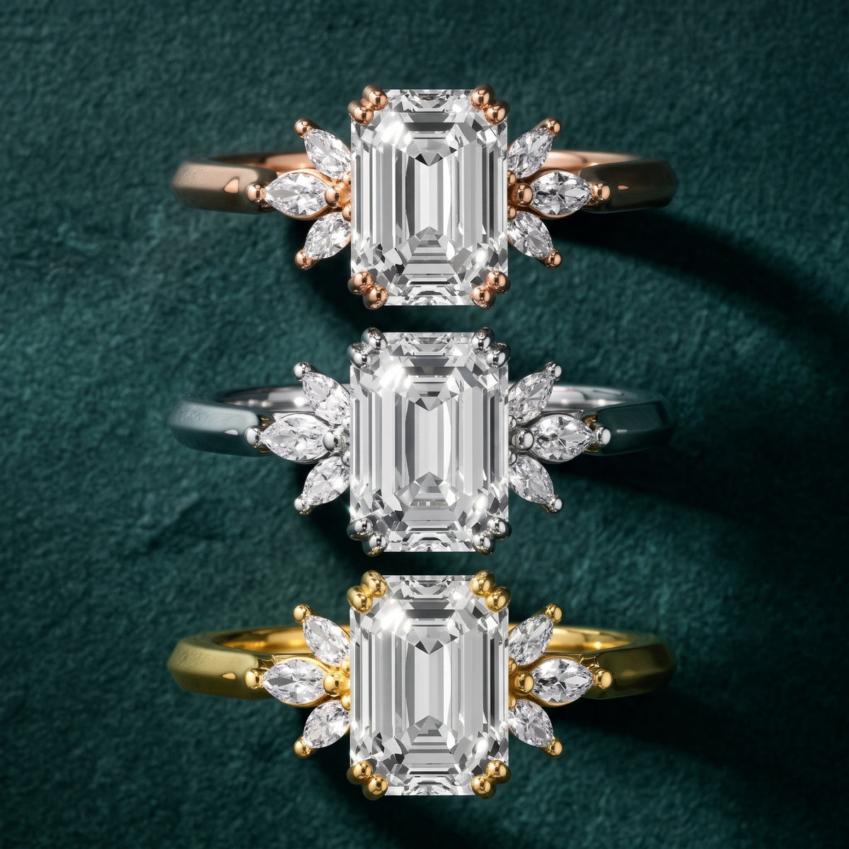 Cary Vine Cluster Emerald Diamond Engagement Ring in Silver - 3rings.jpg