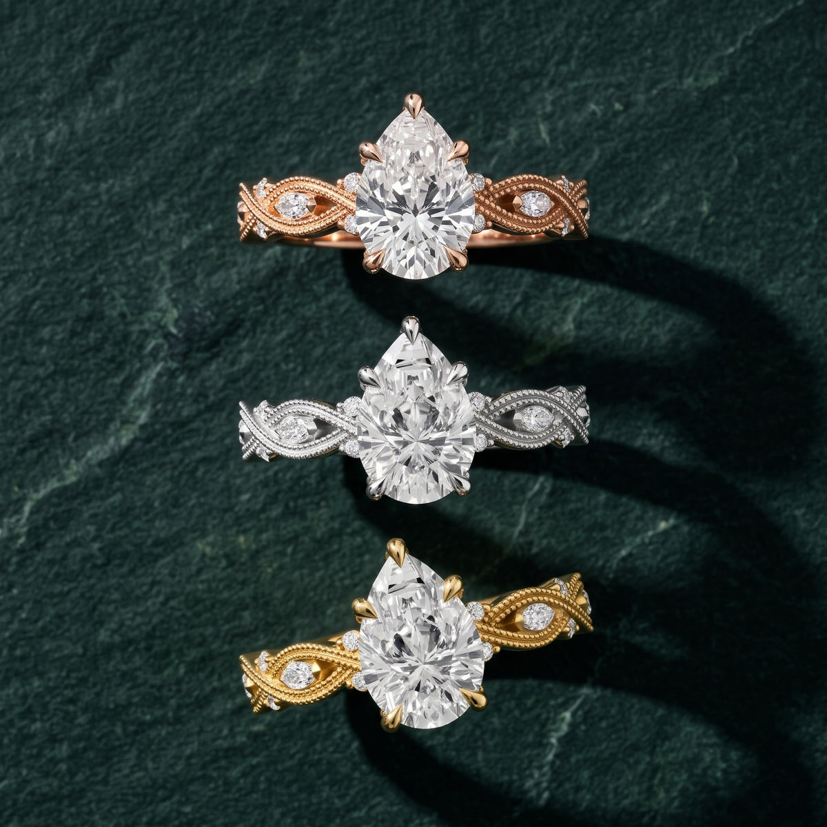 Vero Vintage Twist Pear Diamond Engagement Ring in Rose Gold - 3rings.jpg