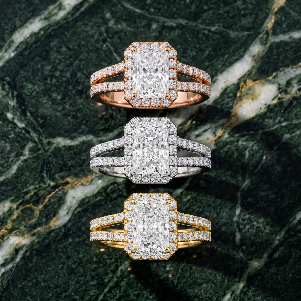 Kira Halo Split Shank Radiant Diamond Engagement Ring in Yellow Gold - 3rings.jpg