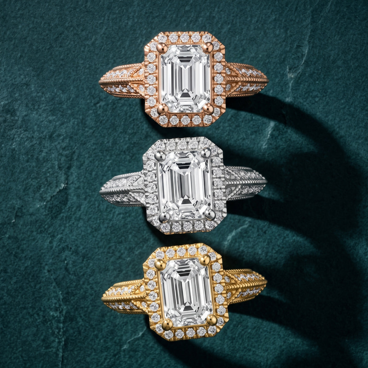 Logan Milgrain Halo Emerald Diamond Engagement Ring in Silver - 3rings.jpg