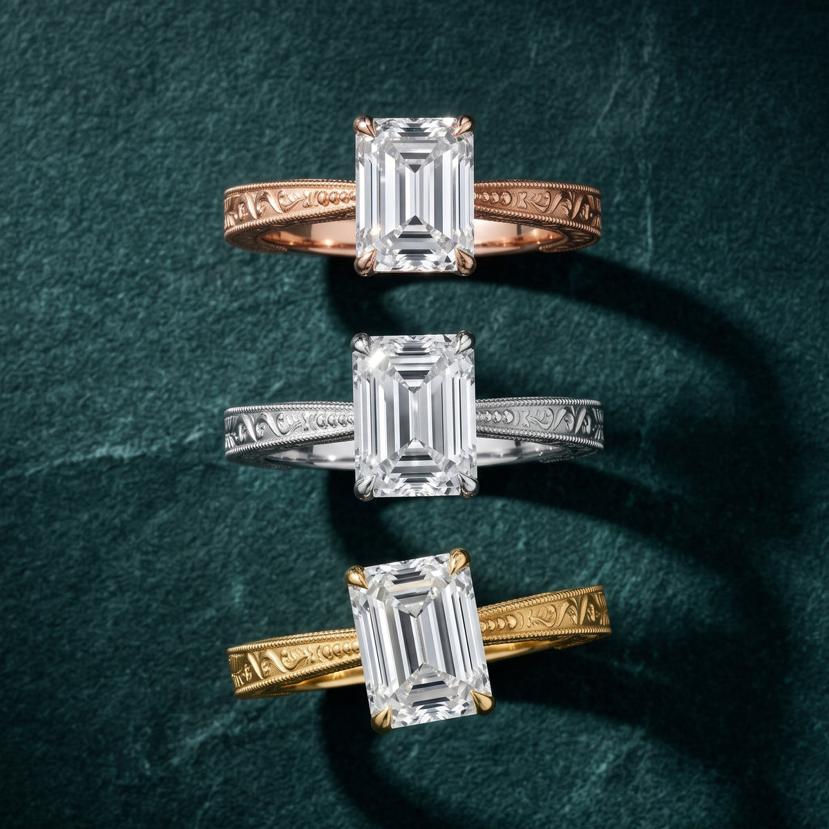 Kailua Vintage Engraved Emerald Diamond Engagement Ring in Yellow Gold - 3rings.jpg