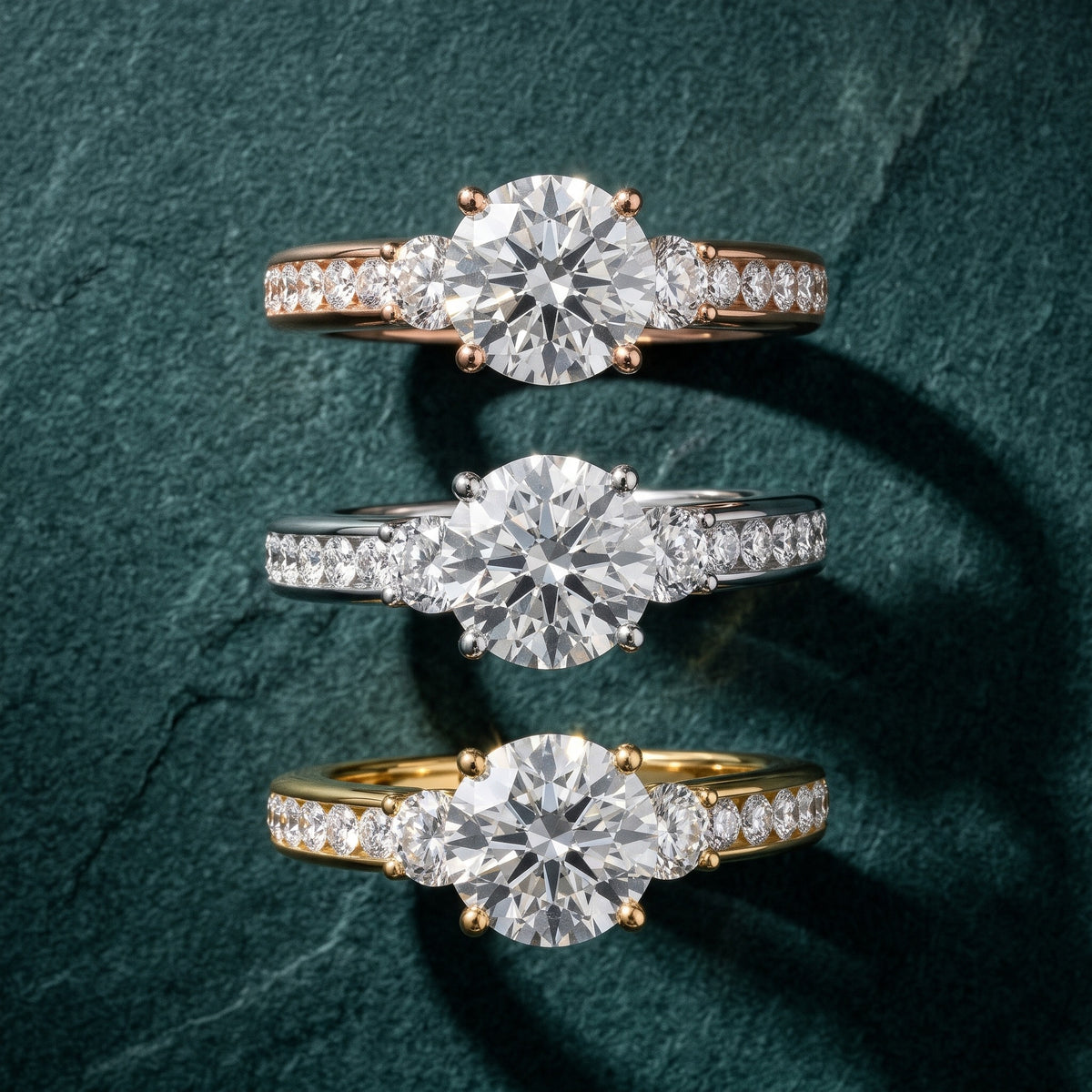 Bluebell Three-Stone Channel Set Round Diamond Engagement Ring in Rose Gold - 3rings.jpg