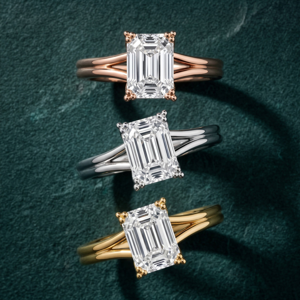 Neve Solitaire Split Shank Emerald Diamond Engagement Ring in Rose Gold - 3rings.jpg