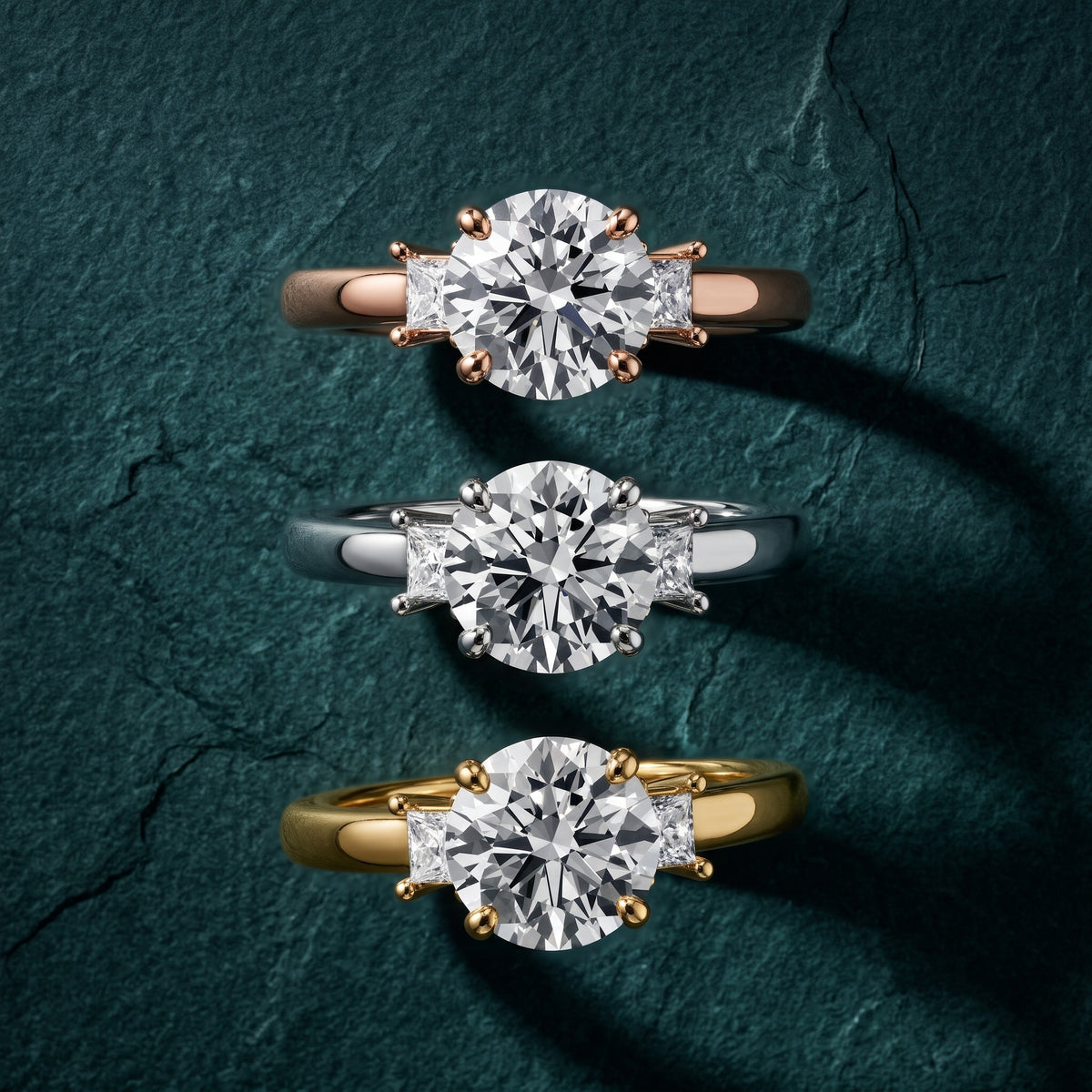 Brenna Three-Stone Round Diamond Engagement Ring in Yellow Gold - 3rings.jpg