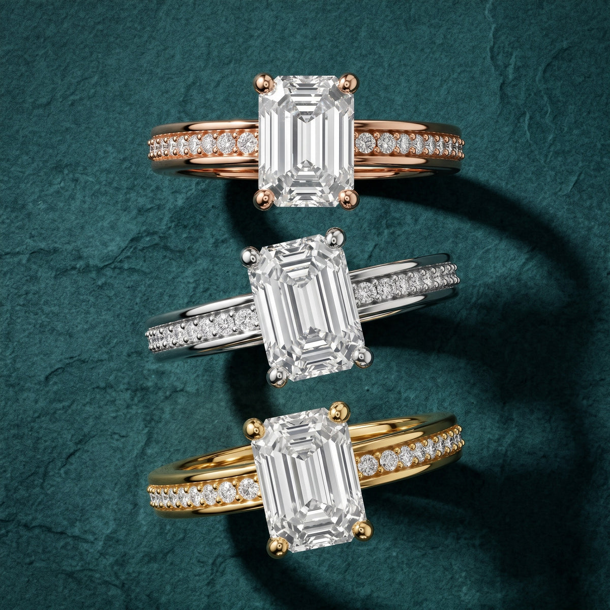 Lucy Vintage Pavé Emerald Diamond Engagement Ring in Rose Gold - 3rings.jpg