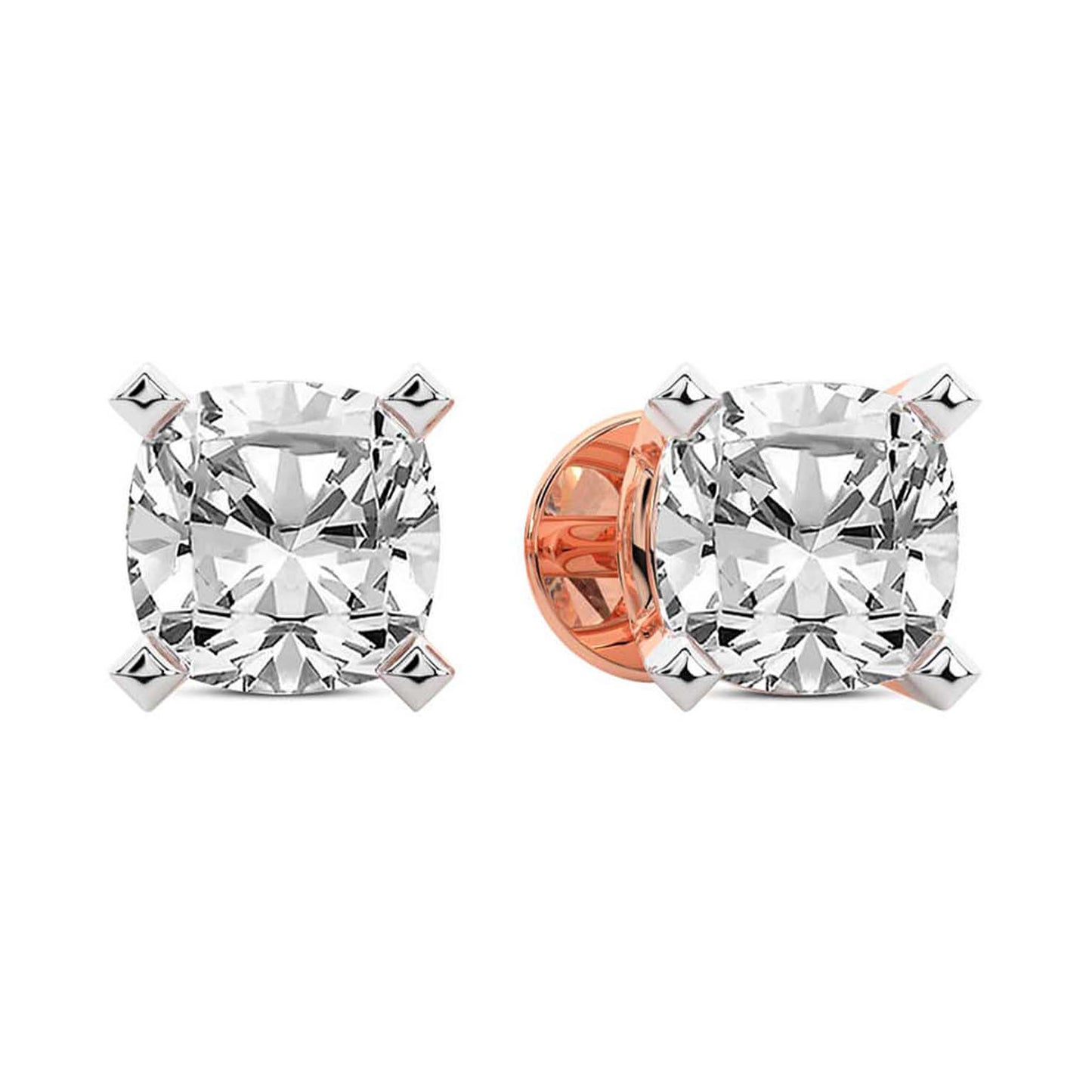 Rose Gold Cushion Cut Lab Grown Diamond Stud Earrings Angled View