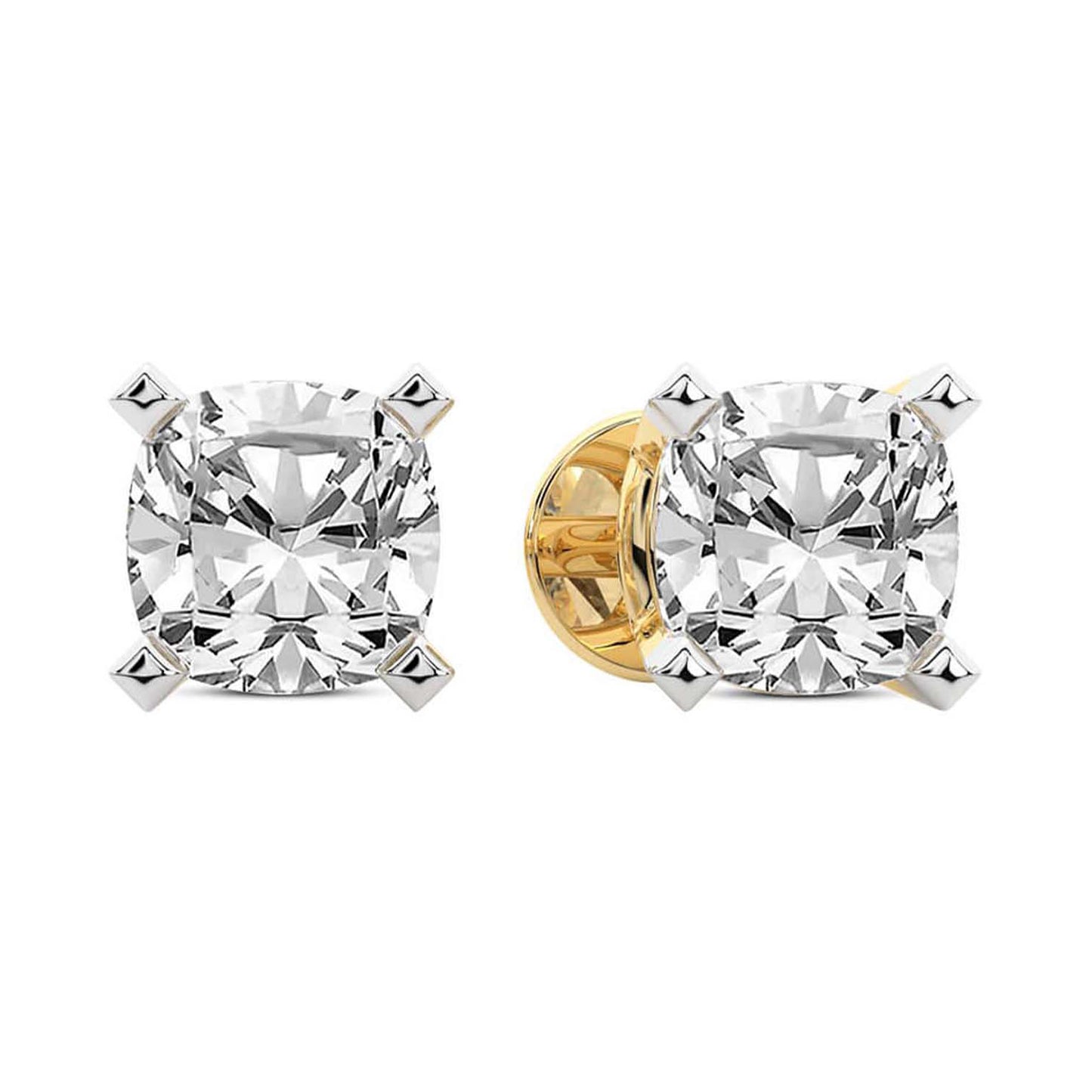 Yellow Gold Cushion Cut Lab Grown Diamond Stud Earrings Pair
