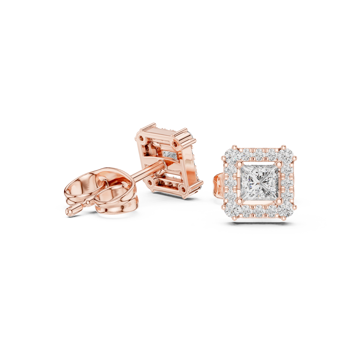 Princess Round Cut Lab Grown Diamond Stud Earrings in Rose Gold