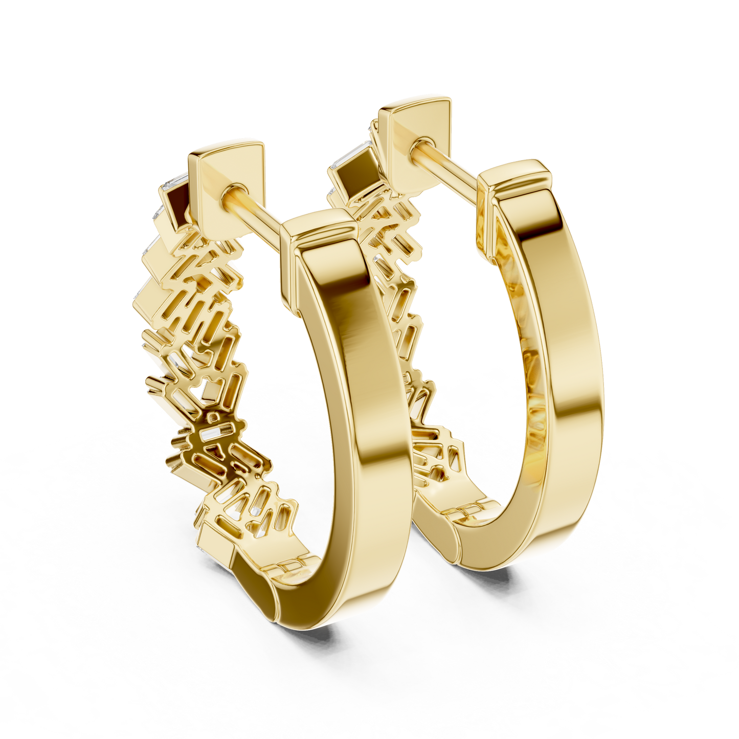 Emerald Cut Lab Grown Diamond Hoop Earrings in Yellow Gold