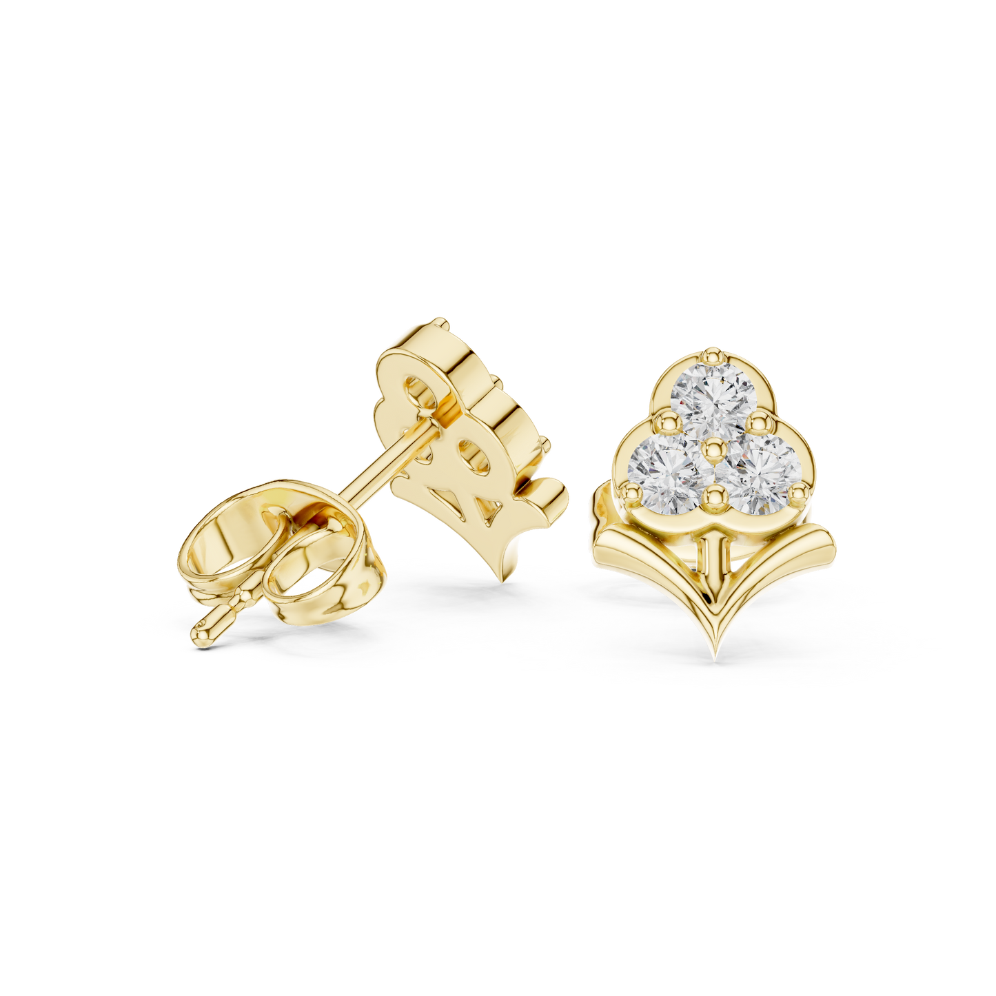 Fleur-de-Lis Round Diamond Stud Earrings in Yellow Gold - Round Cut Lab Diamond Yellow Gold Ring