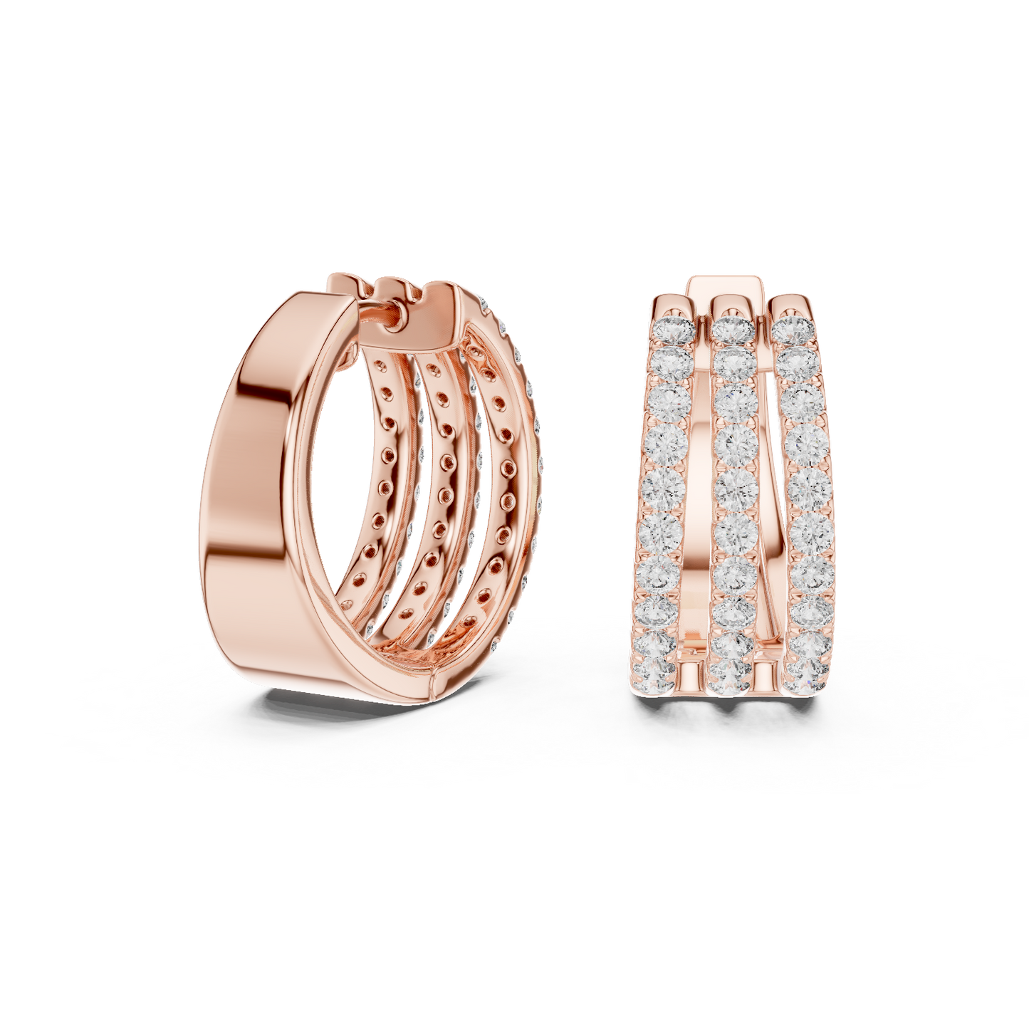Round Cut Lab Grown Diamond Triple Row Pave Hoop Earrings in Rose Gold