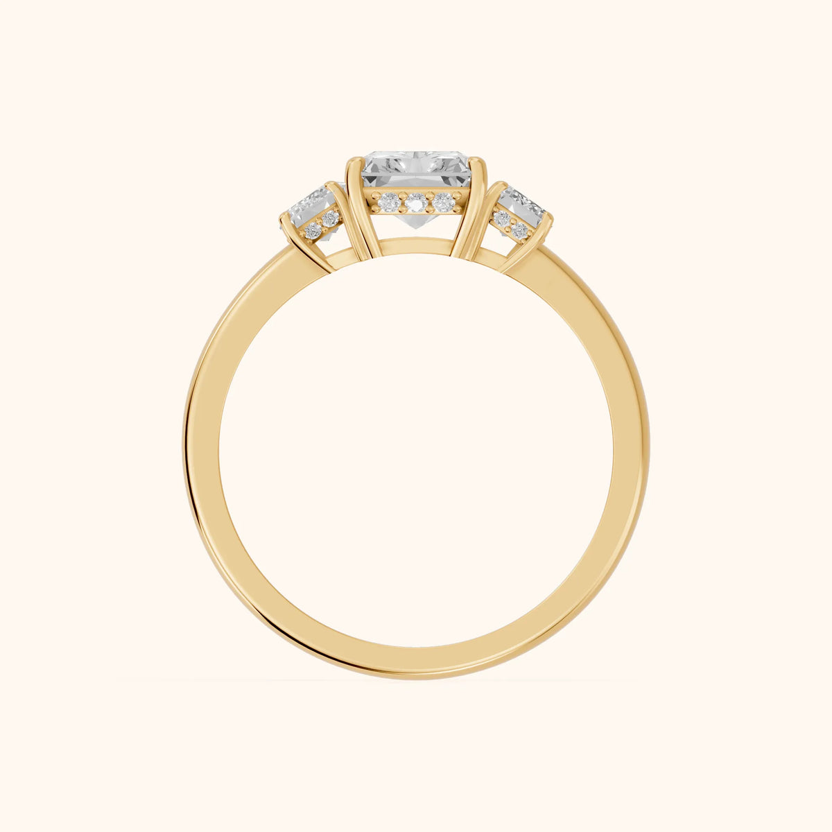 Marian Three-Stone Hidden Halo Radiant Diamond Engagement Ring in Yellow Gold - FingerView.webp