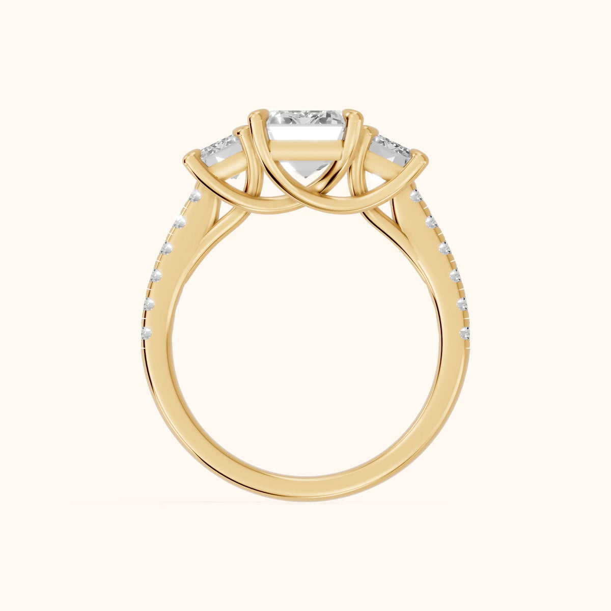 Gabrielle Three-Stone Pavé Emerald Diamond Engagement Ring in Yellow Gold - FingerView.webp