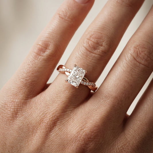 Radiant Cut Lab Grown Diamond Twisted Side Stone Engagement Ring in Rose Gold
