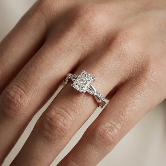 Radiant Cut Lab Grown Diamond Twisted Side Stone Engagement Ring in Silver