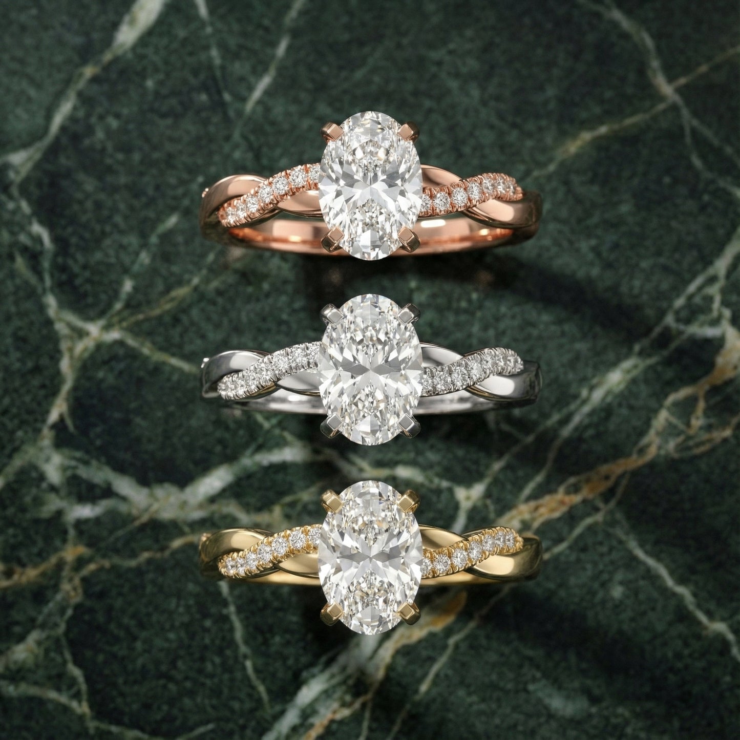 Oval Cut Lab Grown Diamond Twisted Side Stone Engagement Ring in Yellow Gold