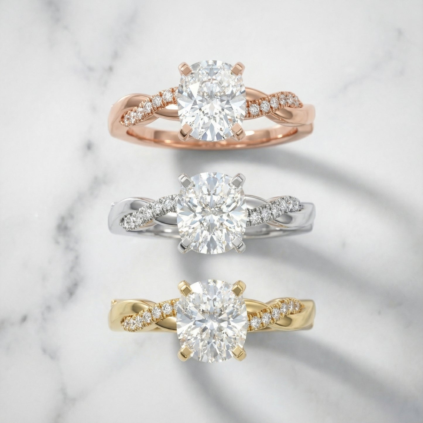 Cushion Cut Lab Grown Diamond Twisted Engagement Ring in Yellow Gold