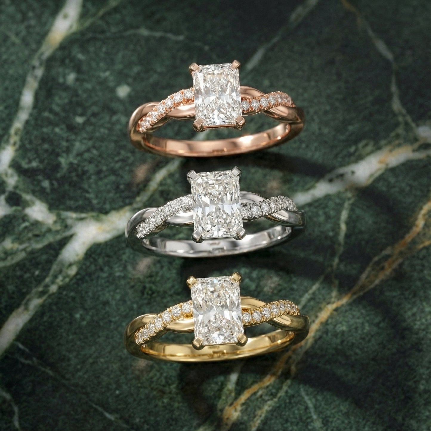 Radiant Cut Lab Grown Diamond Twisted Side Stone Engagement Ring in Yellow Gold