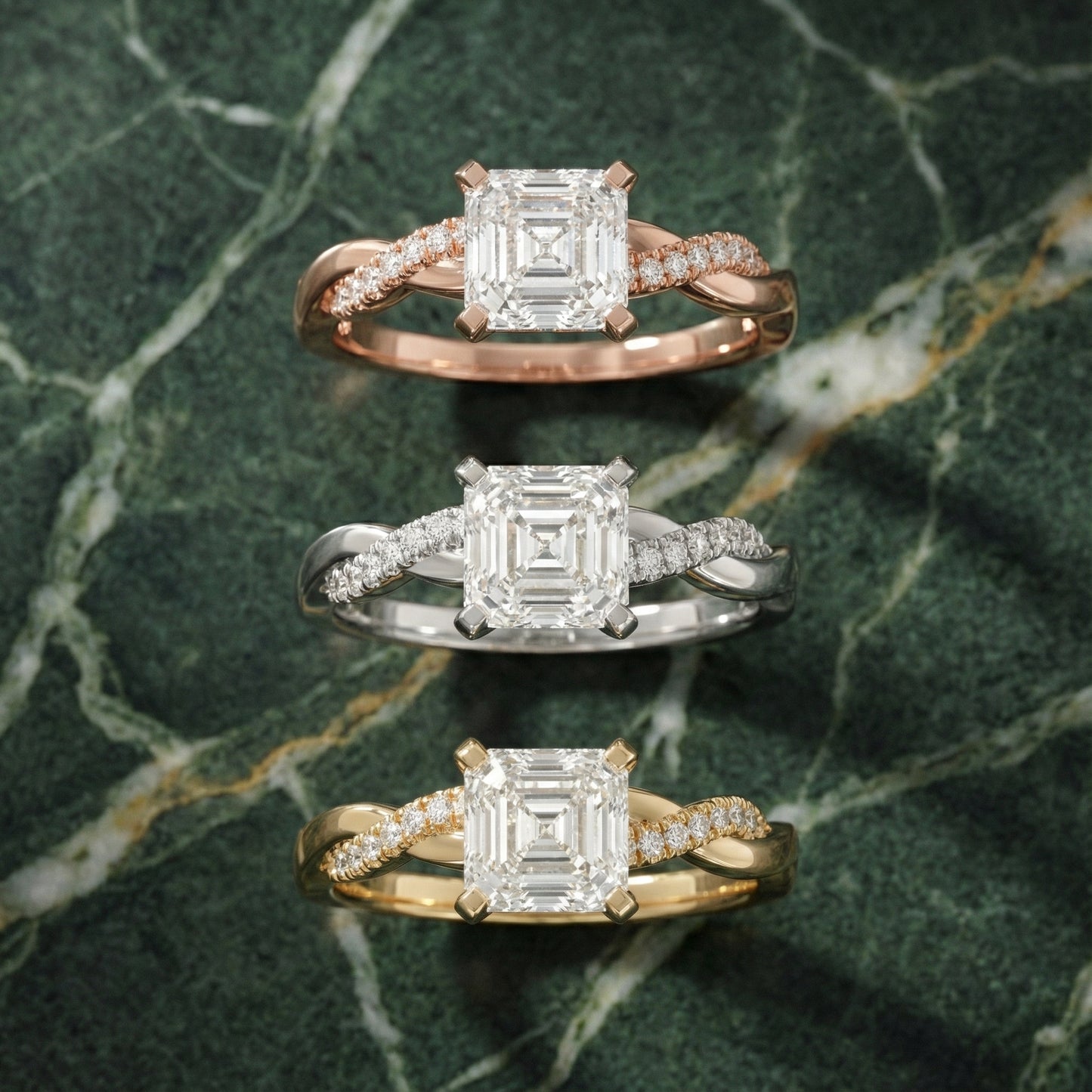 Asscher Cut Lab Grown Diamond Engagement Ring with Twisted Band in Yellow Gold
