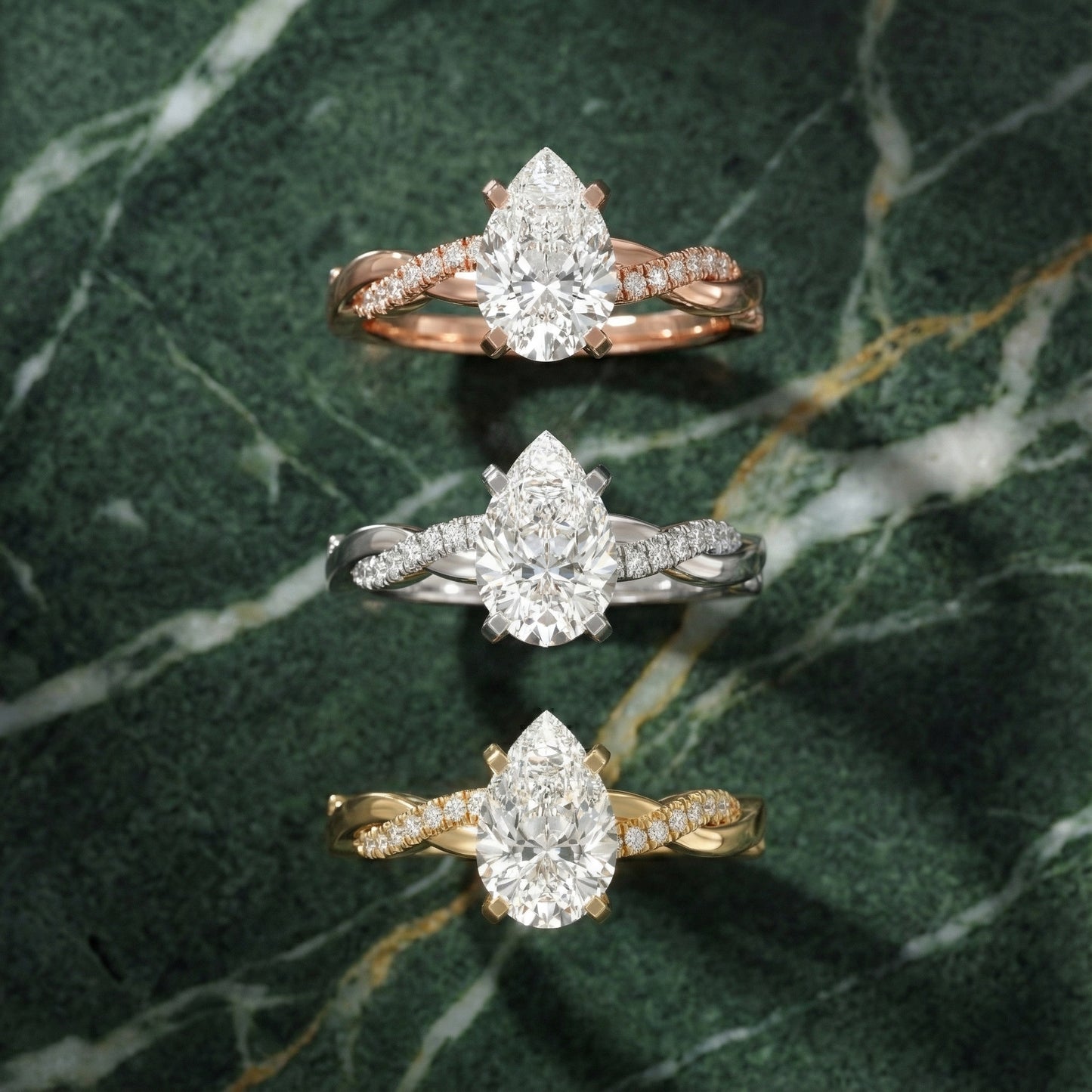 Pear Cut Lab Grown Diamond Twisted Engagement Ring in Rose Gold