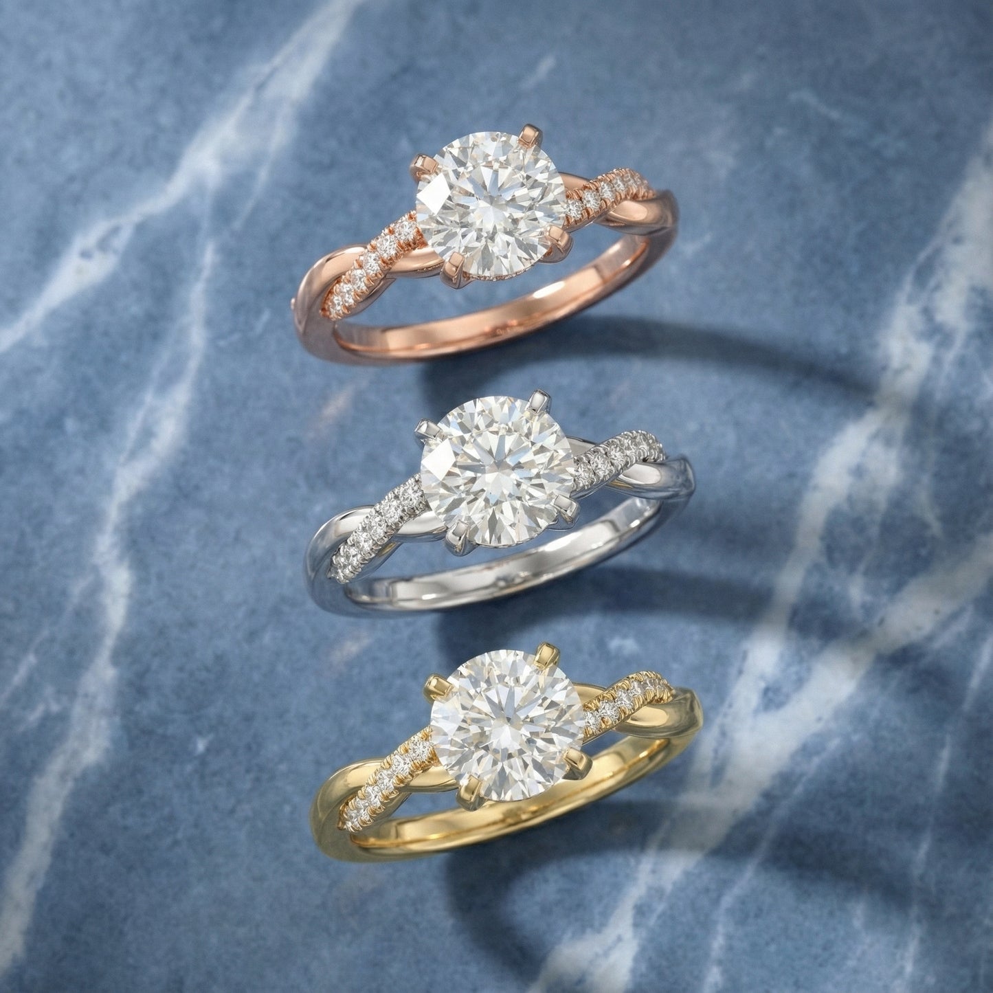 Round cut lab grown diamond twisted side stone engagement ring in yellow gold
