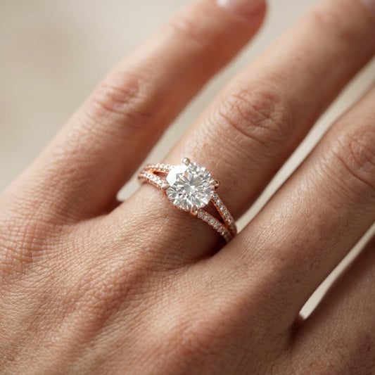 Round Cut Lab Grown Diamond Solitaire Engagement Ring with Pavé Split Shank in Rose Gold