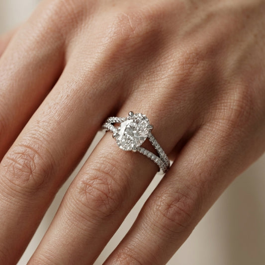 Oval Cut Lab Grown Diamond Solitaire Engagement Ring in Platinum with Pavé Split Shank