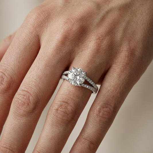 Round Cut Lab Grown Diamond Solitaire Engagement Ring with Pavé Split Shank in Platinum