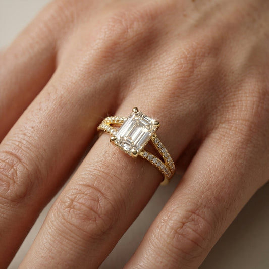 Emerald Cut Lab Grown Diamond Split Shank Engagement Ring in Yellow Gold