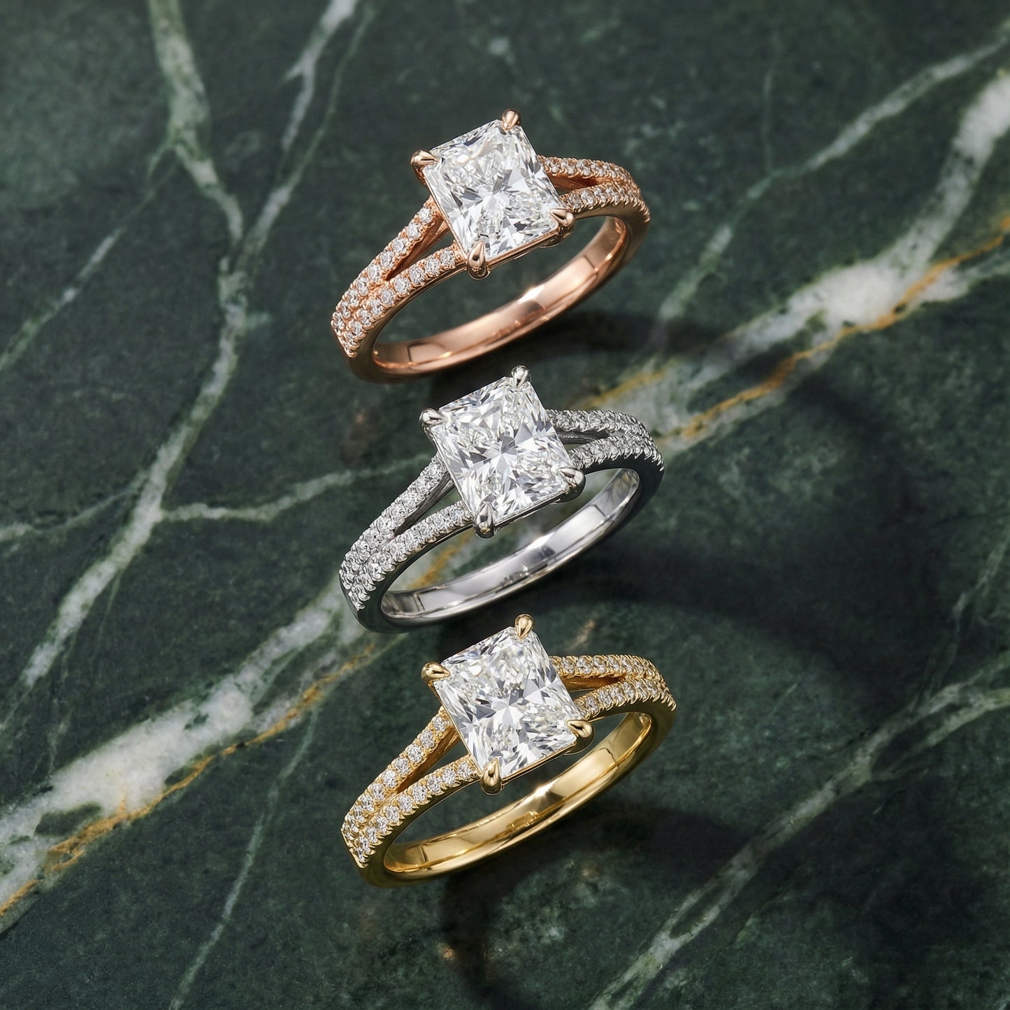 Radiant Cut Lab Grown Diamond Engagement Ring with Pavé Split Shank in Yellow Gold
