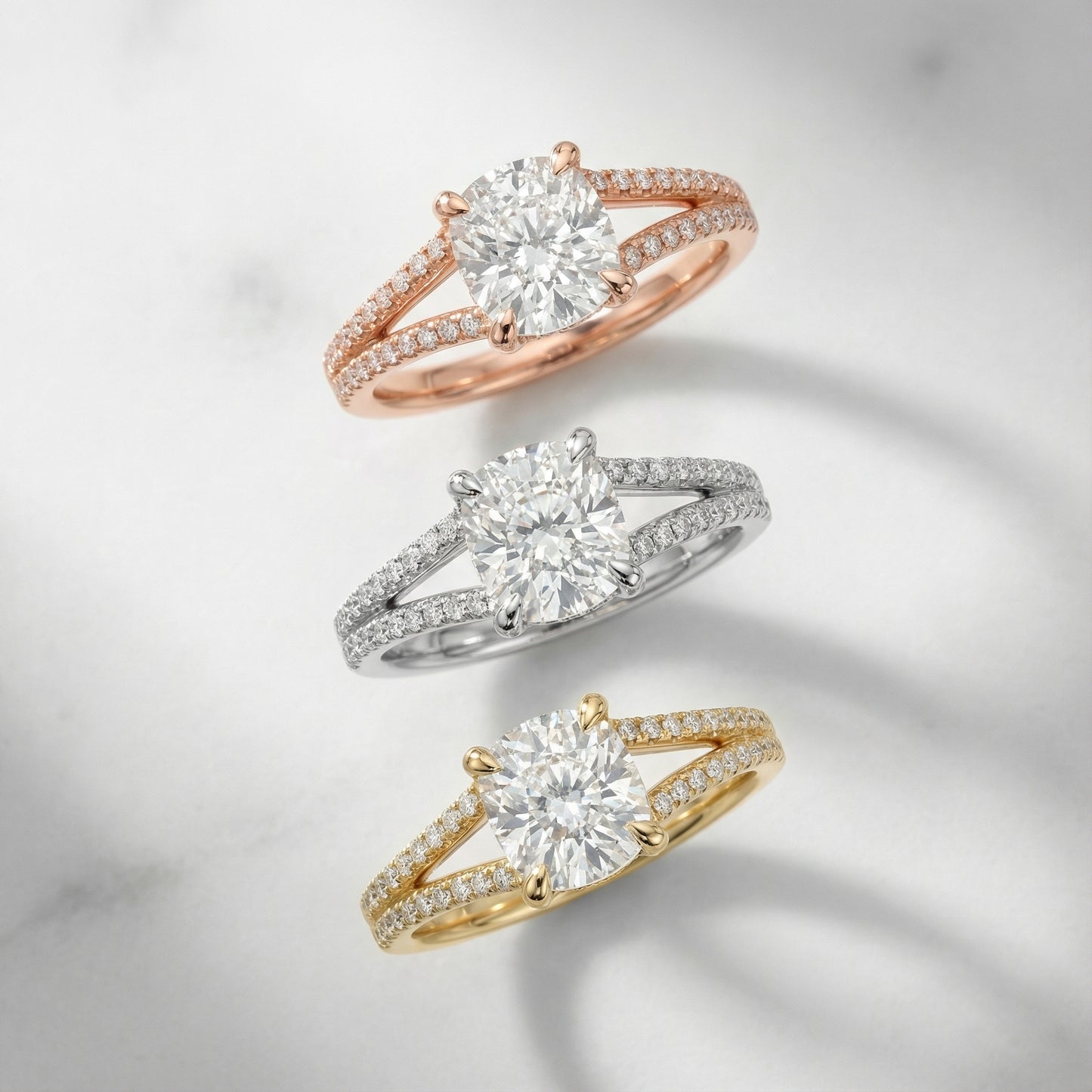 Cushion Cut Lab Grown Diamond Engagement Ring with Split Shank in Yellow Gold