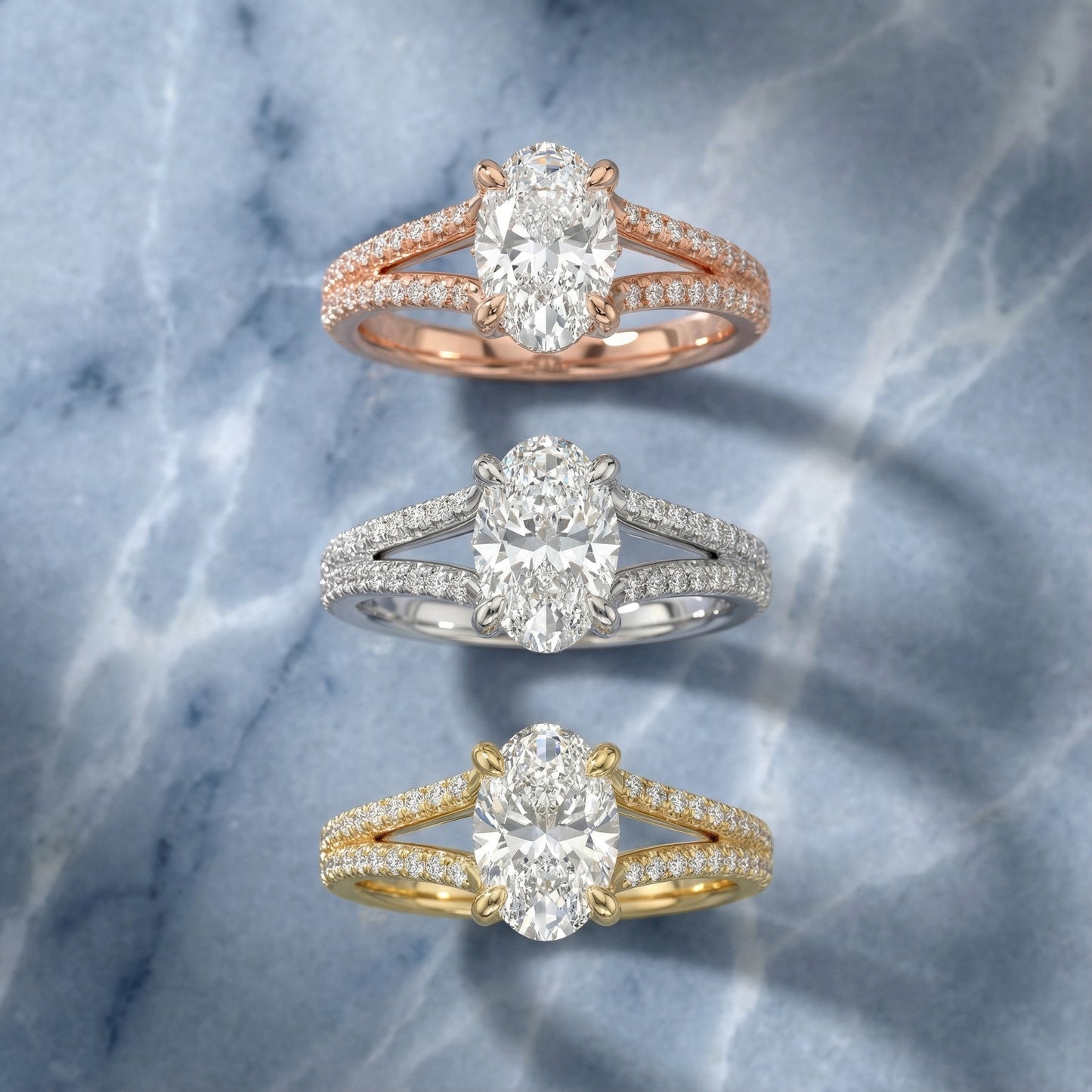 Oval Cut Lab Grown Diamond Solitaire Engagement Ring in Yellow Gold with Pavé Split Shank